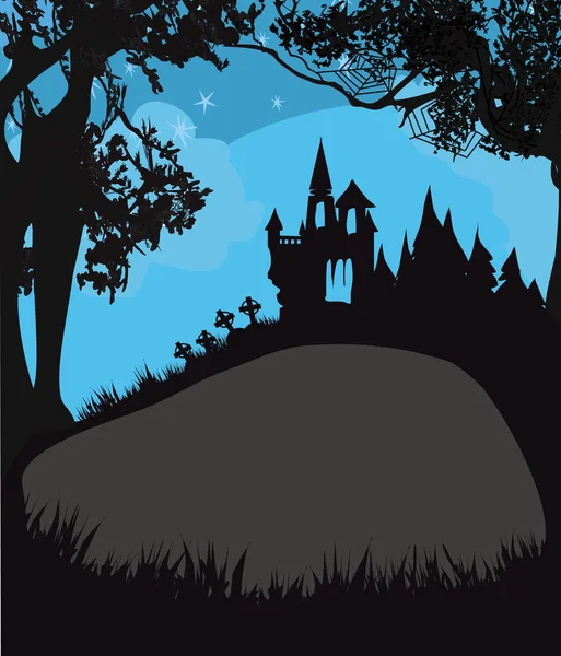 Halloween Cornice Notturna Con Spaventoso Castello Infestato — Vettoriale Stock