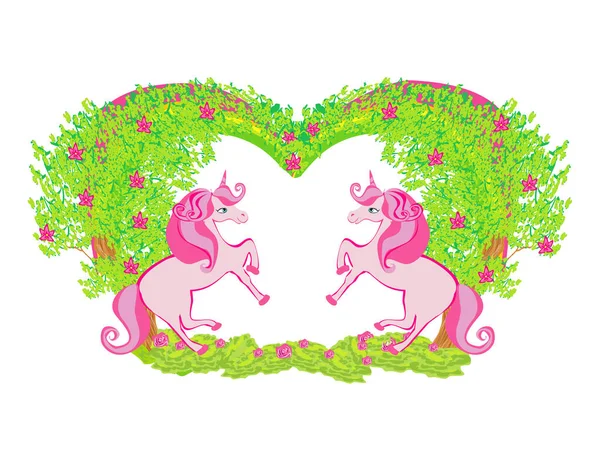 Bella Carta Unicorno Cornice Decorativa Con Fiori Arcobaleno — Vettoriale Stock