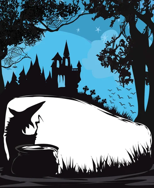 Marco Noche Halloween Con Castillo Encantado Miedo Una Bruja Preparando — Vector de stock