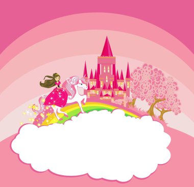 Gökkuşağında uçan tek boynuzlu at üzerindeki güzel prenses.