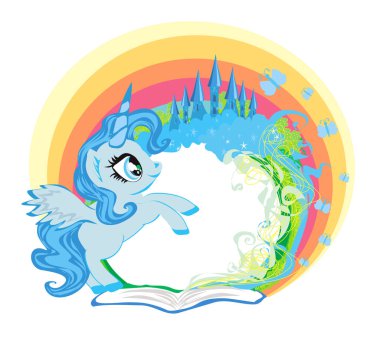 Güzel tek boynuzlu at ve masal prensesi şatosu