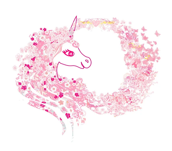 Beautiful Pink Unicorn Decorative Floral Frame — Stock Vector