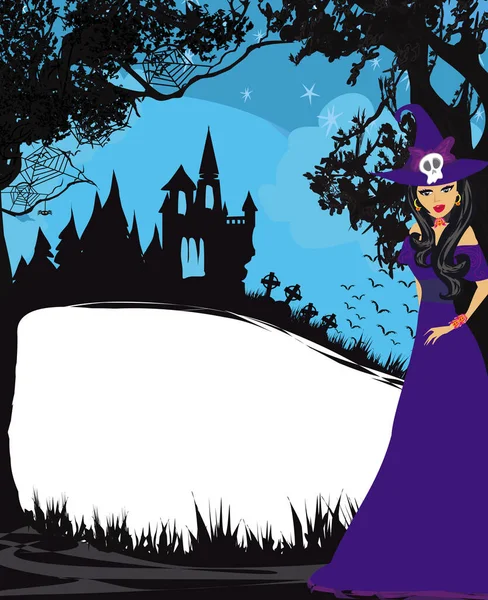 Invito Halloween Con Bella Strega Castello Inquietante — Vettoriale Stock