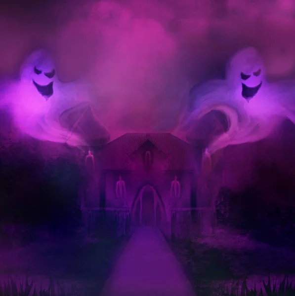 Halloween Fruktansvärd Illustration Med Ett Spöke Framför Hemsökt Slott — Stockfoto