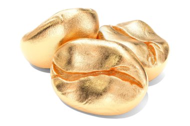 Altın kahve çekirdekleri, beyaz arka plan üzerinde izole 3d render