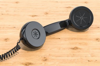 Telefon ahizesi ahşap masa üzerinde. 3D render