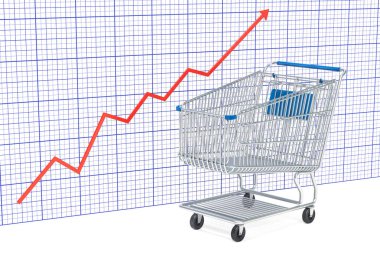 Grafik, 3d render beyaz arka plan üzerinde izole büyüyen ile alışveriş sepeti