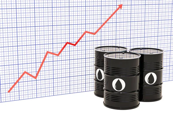 Oil barrels with growing chart. 3D rendering