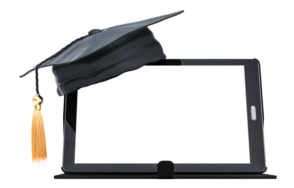 Computer Tablet Con Tappo Graduato Concetto Educazione Online Rendering Isolato — Foto Stock