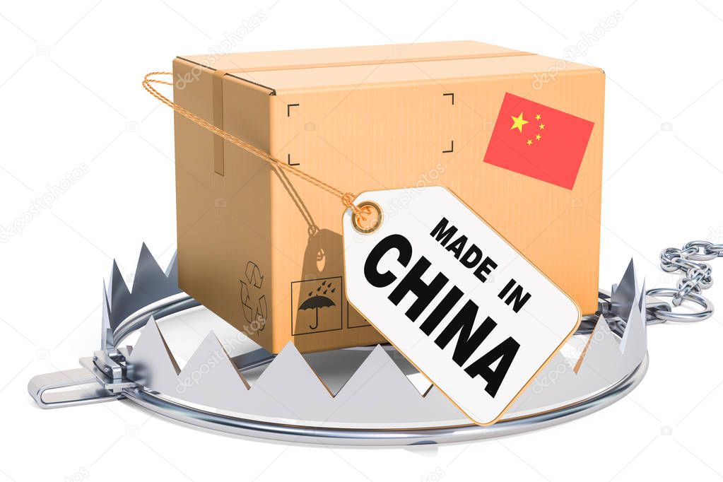 Trap with parcel from China, 3D rendering isolated on white background