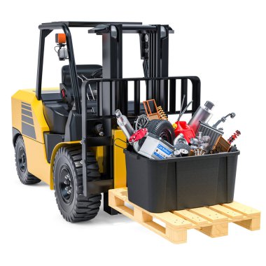 Forklift kamyon kutu dolu araba parçaları, beyaz arka plan üzerinde izole 3d render ile