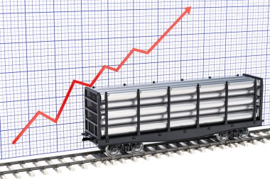 Navlun trafik veya üretim metal borular kavramının gelişmesi. Demiryolu araç grafik büyüyen ile Paslanmaz boru ile. 3D render.
