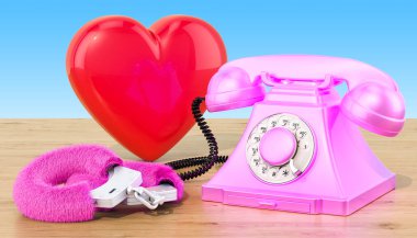 Ahşap masa, 3d render üzerinde kırmızı kalpli Retro telefon