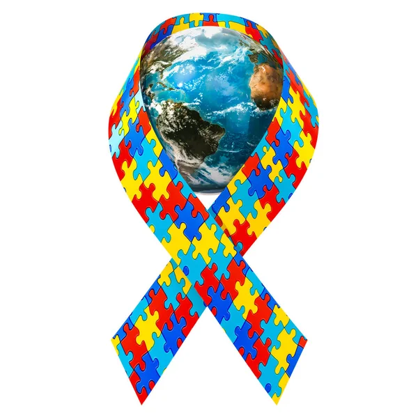 Autism Awareness Ribbon Earth Globe Rendering Isolated White Background — Stok Foto