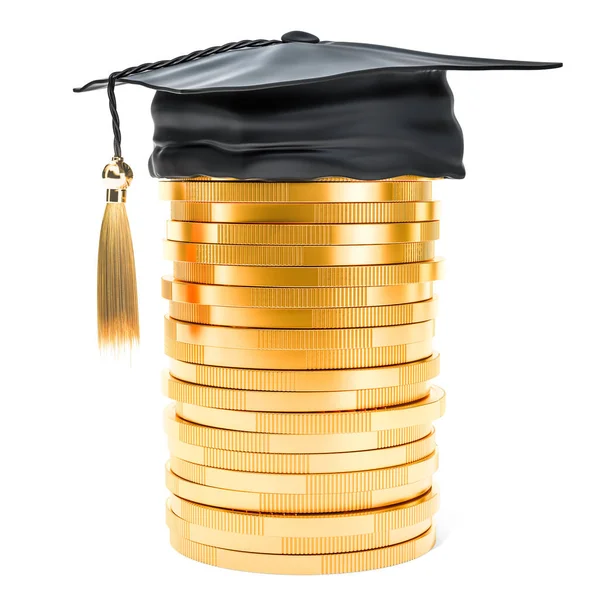 堆的金币与毕业帽 储蓄为教育概念 渲染在白色背景被隔绝了 — 图库照片