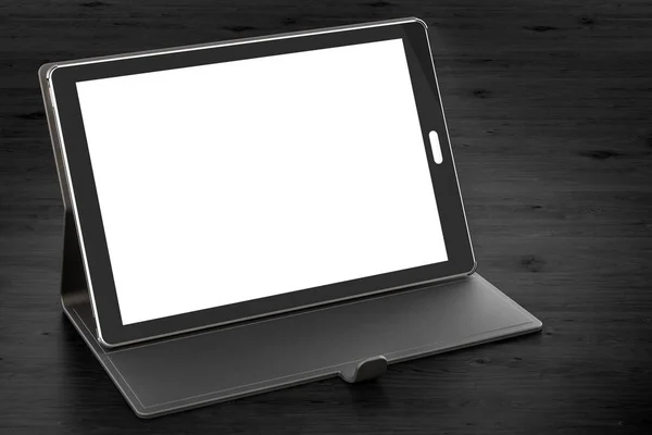 Tablet Ordenador Con Pantalla Estuche Blanco Mesa Madera Representación —  Fotos de Stock