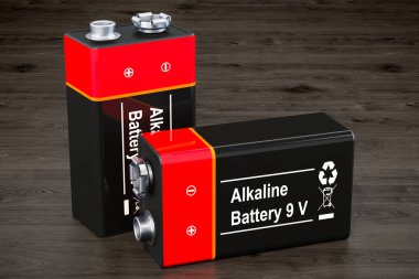 9V pil ile ahşap arka plan, 3d render