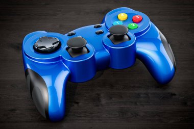 Gamepad, ahşap masa üzerinde oyun kumandası. 3D render