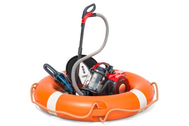 Onarım ve servis elektrik süpürgeleri kavramının. 3d render üzerinde beyaz adam izole