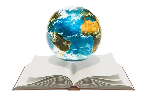 Opende Boek Met Earth Globe Rendering Geïsoleerd Witte Achtergrond — Stockfoto