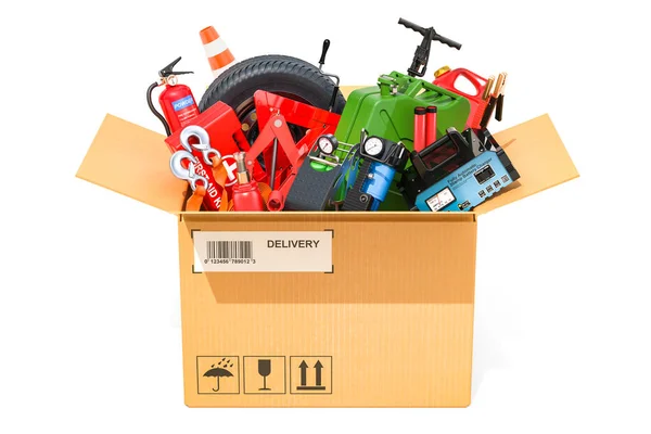 Cardboard Box Car Tools Equipment Accessories Rendering Isolated White Background — Stock Photo, Image