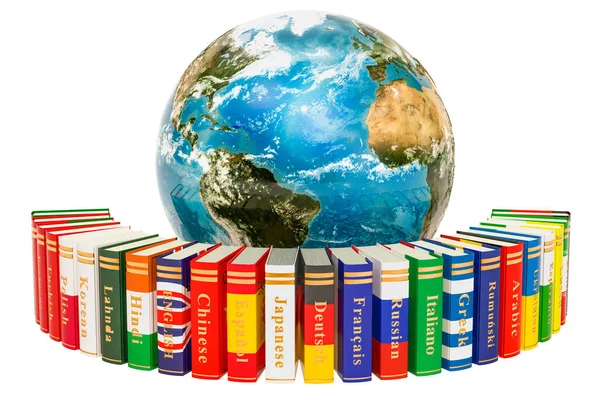 Idiomas Libros Con Earth Globe Representación Aislada Sobre Fondo Blanco — Foto de Stock