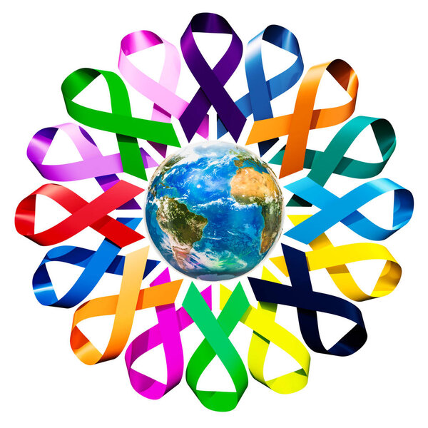 Awareness Ribbons with Earth Globe. 3D rendering isolated on white background