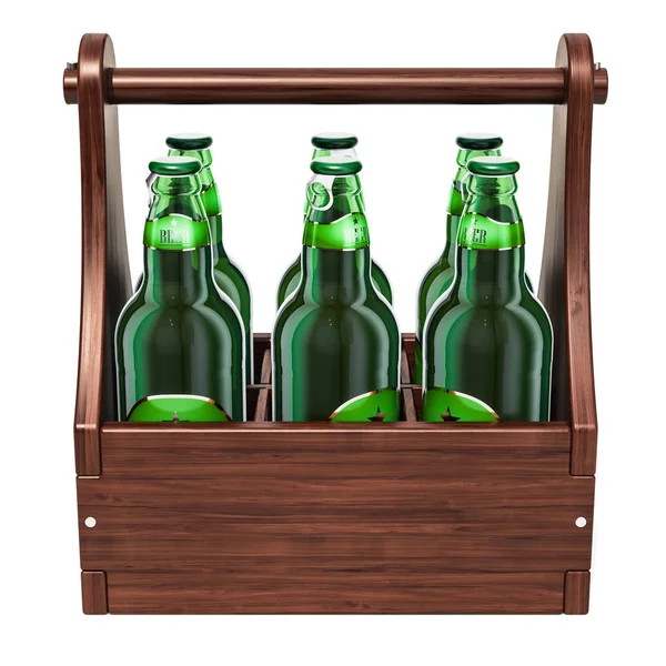 Glass Beer Bottles Wooden Packaging Rendering — Stock Photo, Image