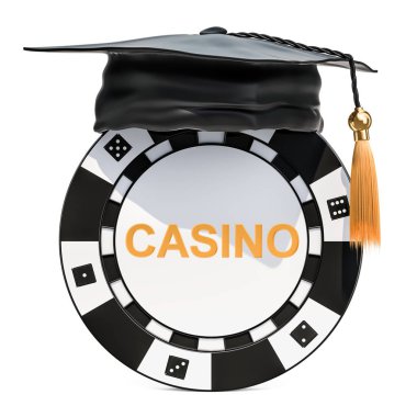 Oyun Akademisi, casino okul kavramı. Mezuniyet kap ile Casino belirteci. Beyaz arka plan üzerinde izole 3d render