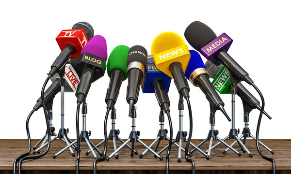 Microphones Different Mass Media Radio Press Press Conference Interview Wooden — Stock Photo, Image