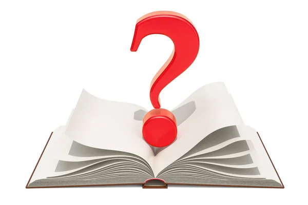 Opened blank book with question mark, 3D rendering isolated on white background