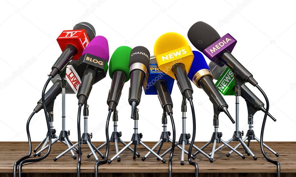 Microphones of different mass media, radio, tv and press for press conference or interview on the wooden table. 3D rendering