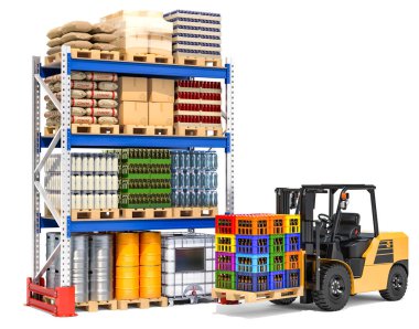 Depo forklift kamyon ve Palet rafları, 3d render ile