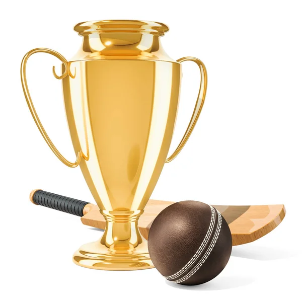 Guldpokalen Cup Award Med Kricket Slagträ Och Boll Rendering Isolerad — Stockfoto