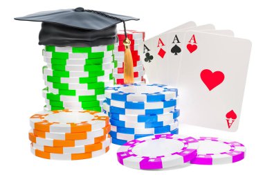 Casino okul kavramı. Mezuniyet kep ve kartları ile Casino belirteci. Beyaz arka plan üzerinde izole 3d render