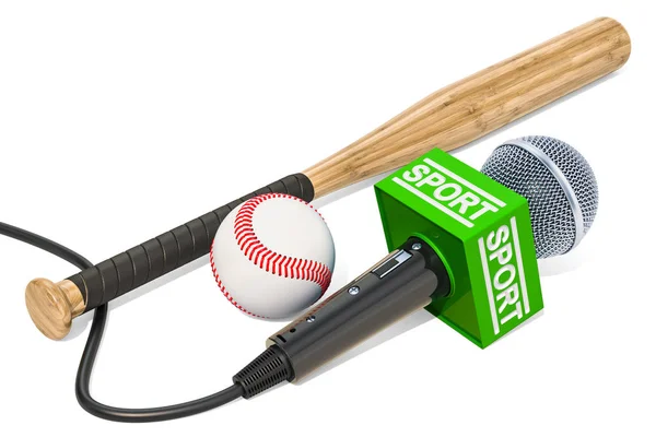 Concepto Baseball News Noticias Deportivas Micrófono Con Pelota Béisbol Bate —  Fotos de Stock