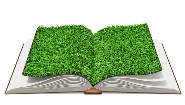 Opened Book Grass Pages Rendering Isolated White Background — Stock Photo, Image
