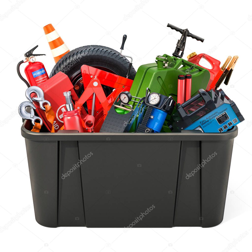Black plastic box full of car tools, equipment and accessories. 3D rendering isolated on white background