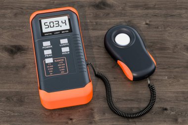 Dijital luxmeter, ahşap masa üzerinde ışık ölçer. 3D render 