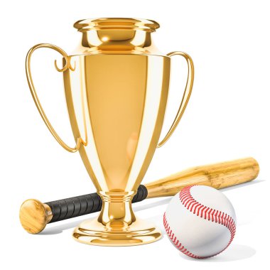 Altın kupa Kupası Ödülü beyzbol topu ve yarasa, beyaz arka plan üzerinde izole 3d render ile