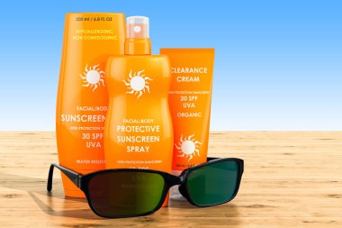 Güneş koruyucu ürünleri ahşap masa üzerinde güneş gözlüklü. 3D render