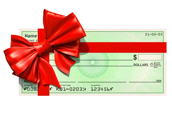 Blank bank check with red bow, 3D rendering isolated on white background