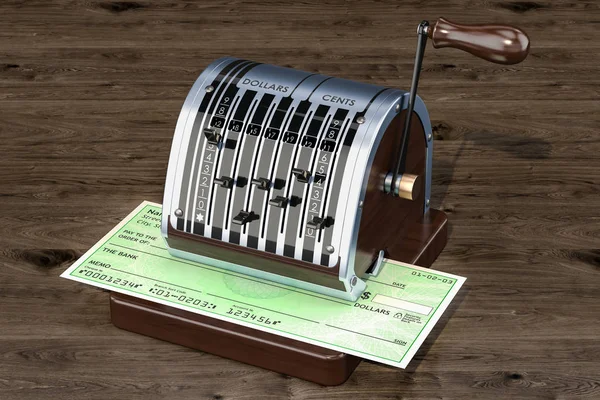 Retro check writer with bank check, 3D rendering