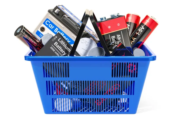Varukorg Med Olika Batterier Rendering Isolerad Vit Bakgrund — Stockfoto