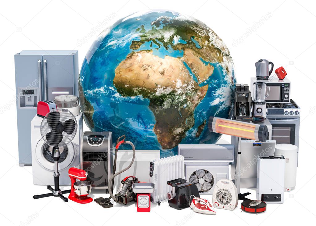 Set of kitchen and household appliances around the Earth Globe. Global shopping concept, 3D rendering