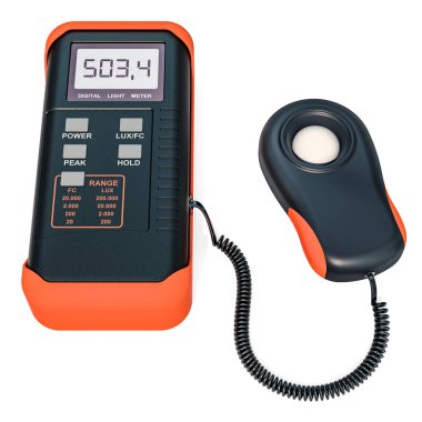 Dijital luxmeter, ışığı ölçer. 3d render üzerinde beyaz adam izole