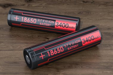 rechargeable li-ion batteries 18650 on the wooden table, 3D rendering clipart
