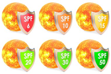 Kalkanlar, Spf6, 10, 15, 20, 30, 50 korumak kavramı. 3D render