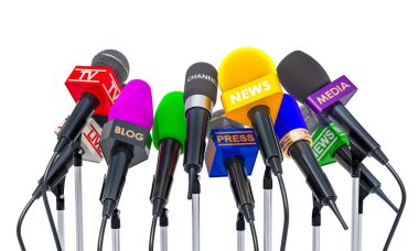 Press conference or interview concept. Microphones of different mass media, 3D rendering isolated on white background clipart