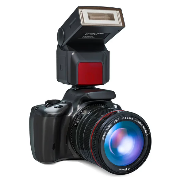 Fotocamera Reflex Digitale Monoobiettivo Con Flash Esterno Elettronico Rendering Isolato — Foto Stock